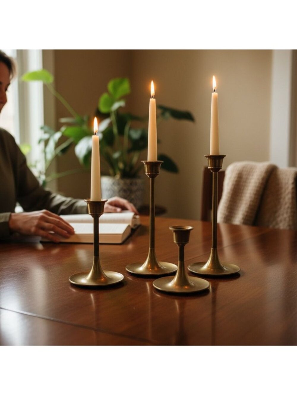 Vintage Brass Candle Holder Set Of 4 With Varying Heights Tapered Design